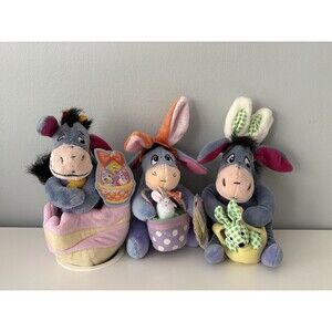 Vintage Disney Eeyore Easter Plush Lot of 3 Bunny Ears Pink Egg Basket NEW!
